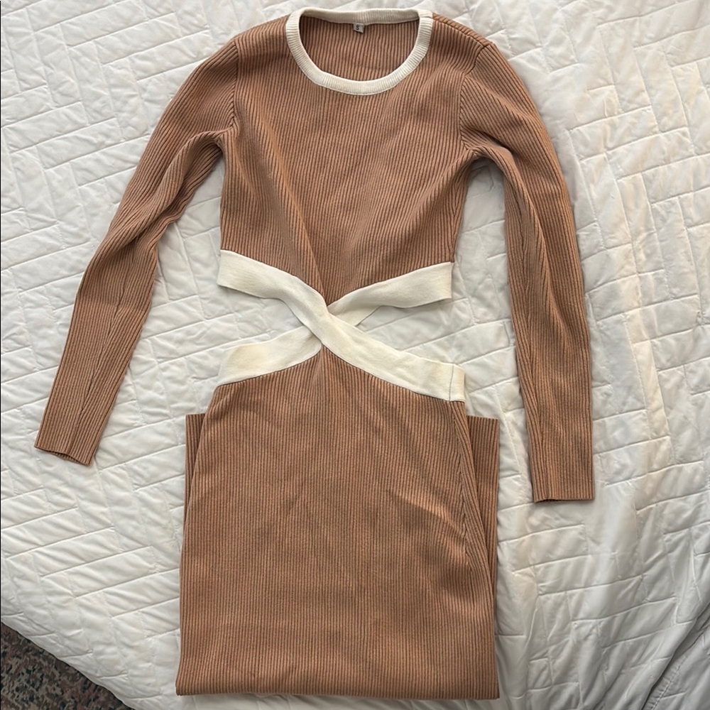 Tan and Cream Ribbed Knit Dress